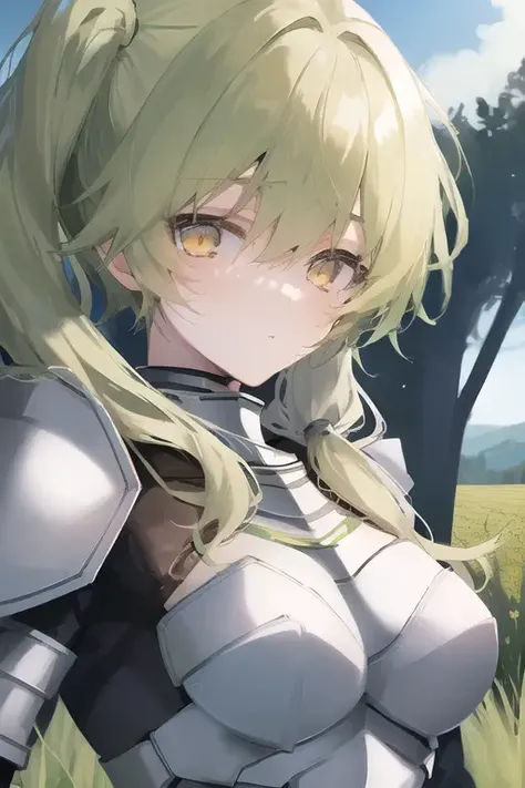 masterpiece, aoi-Odisann, a knight woman with neon green hair, field, ((1girl)), yellow eyes, very short twintails, armor, looking_at_viewer, solo, upper_body, dynamic shot, <hypernet:myhands_22k:0.75> <lora:Aoi-Odisann:0.75>