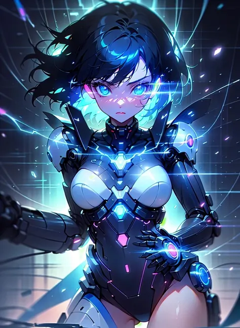 (masterpiece:1.4), (best qualit:1.4), (high resolution:1.4), cowboy shot,1 robot girl,short black hair,bright blue eyes,cyberpunk wire attached to her body, transparent neon in eyes, blue light neon in eyes, metal parts and wire attached to her body, multiple pc, dramatic shadows, dynamic angle, cinematic camera, dynamic pose, dramatic angle, depth of field, glow_ blue_ particle, water particles, chromatic aberration, <lora:last:1>