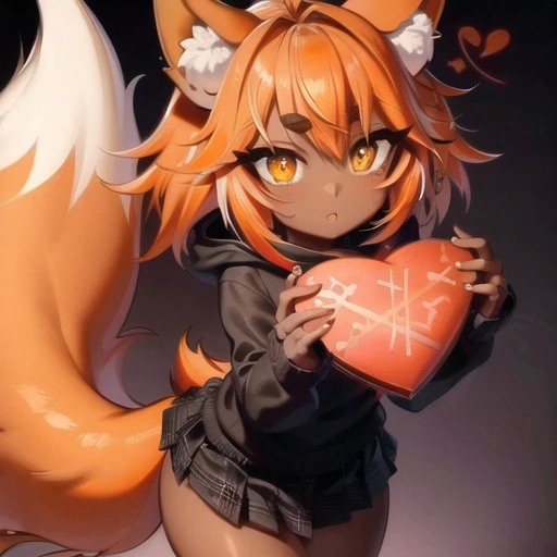 masterpiece, highres, detailed face, 1girl, fox ears and (animal ear fluff), (dark skin:1.1), wolf tail, solo, orange hair, eyelashes, thick eyebrows, thick eyelashes, (heart-shaped pupils:1.1), short hair, pleated skirt, sweater, <lora:ffyy:0.9> ( ffyy:1.1)