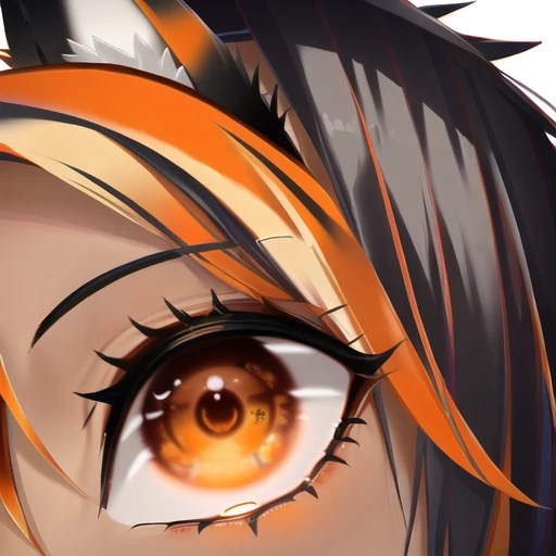 close-up, eye focus, 1girl, fox ears and (animal ear fluff), (dark skin:1.1), wolf tail, solo, orange hair, , eyelashes, thick eyebrows, thick eyelashesheart-shaped pupils, short hair, pleated skirt, sweater , breasts, <lora:ffyy:0.9> ffyy