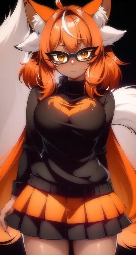 1girl, fox ears and (animal ear fluff), (dark skin:1.1), wolf tail, solo, orange hair, glasses, short hair, pleated skirt, sweater , (detailed face, detailed eyes:1.3), intricate eyes, breasts, <lora:ffyy-000005:1>
