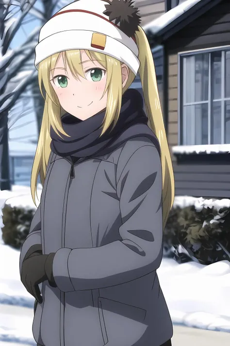 1girl, blonde hair, green eyes, long hair, looking at viewer, solo, twintails, minami_yamamoto, outdoors, winter jacket, scarf, beanie, winter background, smile, <lora:add_detail:0.7>