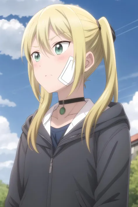 1girl, blonde hair, blue sky, choker, cloud, cloudy sky, condensation trail, day, eyebrows visible through hair, green eyes, long hair, necklace, outdoors, shirt, sidelocks, sky, solo,, twintails, minami_yamamoto, <lora:add_detail:1>