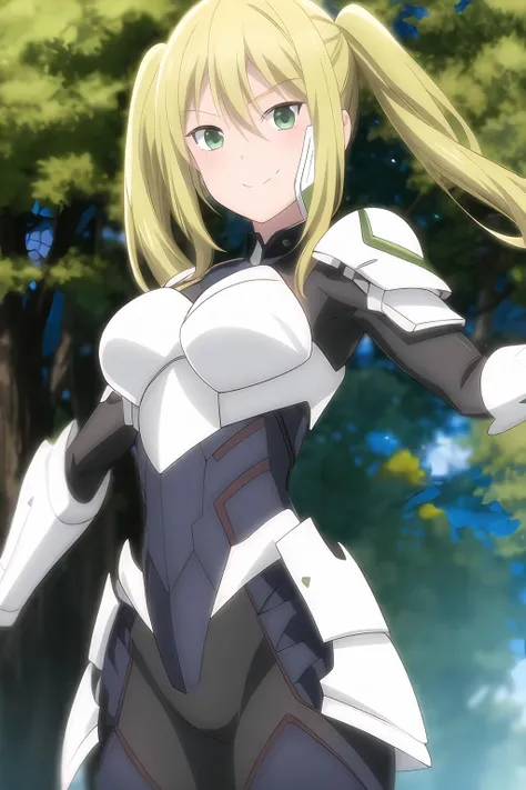 score_9, score_8_up, score_7_up, score_6_up, score_5_up, score_4_up, source_anime, anime screencap, anime coloring, kikoru, 1girl, blonde hair, twintails, green eyes, hair ribbon, black ribbon, bangs, bodysuit, armor, upper body, smile, room, bed, indoors, blush, grab breasts, holding breasts, cleavage, looking at viewer, undressing, navel