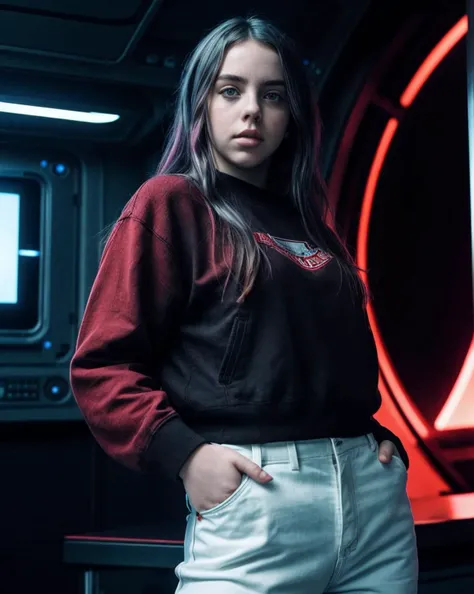 photo of B1ll13E1l1sh_HM-135, a woman, perfect hair, (modern photo), wearing long sleeve sweater, long pants, 70mm medium telephoto (analog, cinematic, film grain:1.3), Spaceship Bridge, Command center with control panels, holographic displays, captain's chair, and panoramic space view., detailed eyes, professional pose, (epiCPhoto), (looking at viewer:1.1), (cinematic shot:1.3), (hard style lighting), <lora:add_detail:0.5>