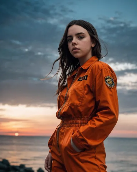 photo of B1ll13E1l1sh_HM-135, a woman, perfect hair, (modern photo), wearing orange prison jumpsuit, 85mm short telephoto (analog, cinematic, film grain:1.3), Floating Islands, Planet with gravity-defying islands offering unique ecosystems., detailed eyes, professional pose, (epiCPhoto), (looking at viewer:1.1), (cinematic shot:1.3), (soft style lighting), <lora:add_detail:0.5>