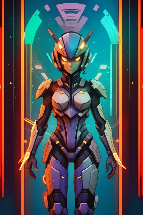 armorsuit, <lora:ArmorSuit_v1:0.7>, hero girl,purple eyes, neon lights, Vibrant Colors, border, , <lora:Cards-V2:1>
