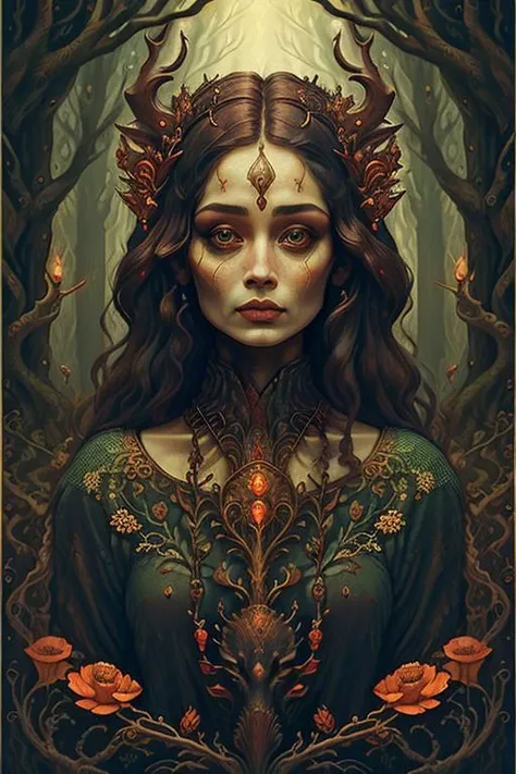woman in a mythical forest, masterpiece, perfect face, intricate details, horror theme <lora:PZH_tarot_electronic:1> tarotcard
