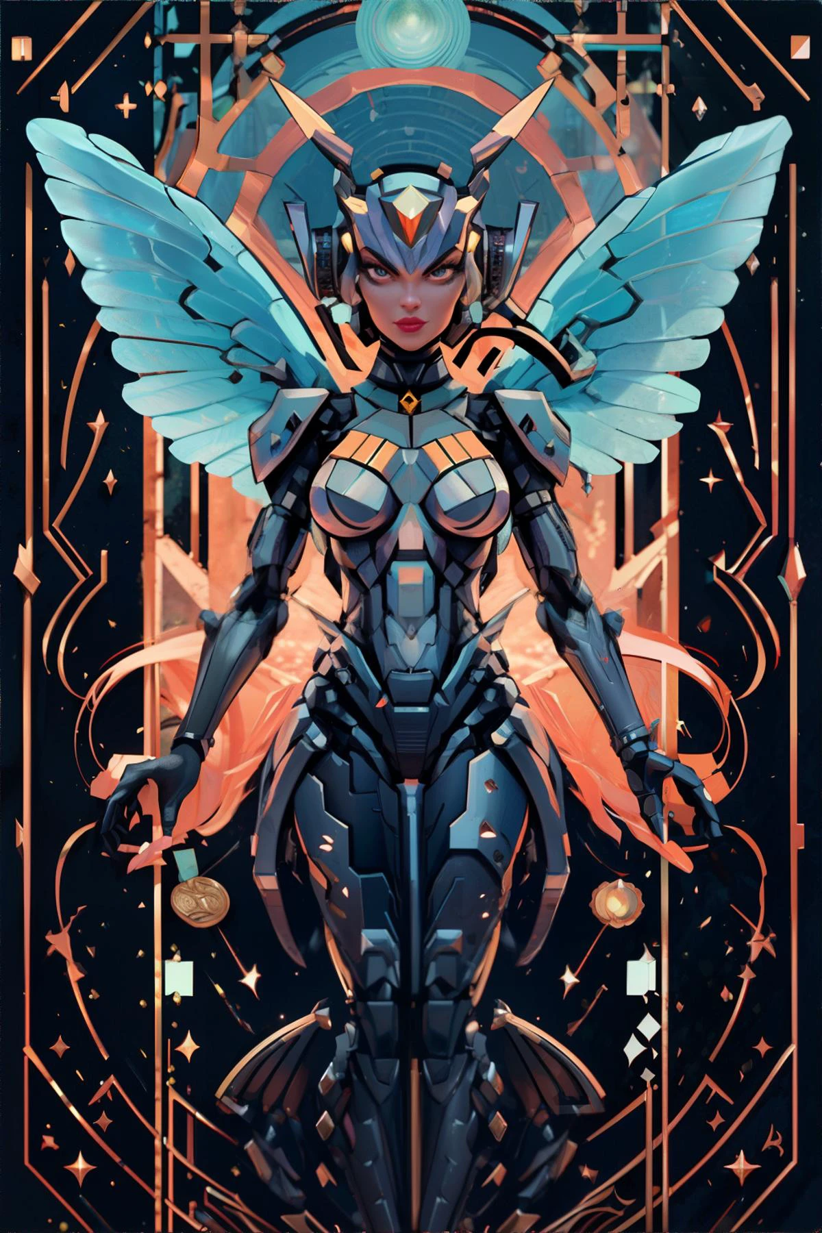 <lora:tarot-electronicdetails:1.0>, tarot card, woman wearing Robotic wings accessory with moving parts || masterpiece, perfect quality, sharp focus, shallow depth of field, 8k