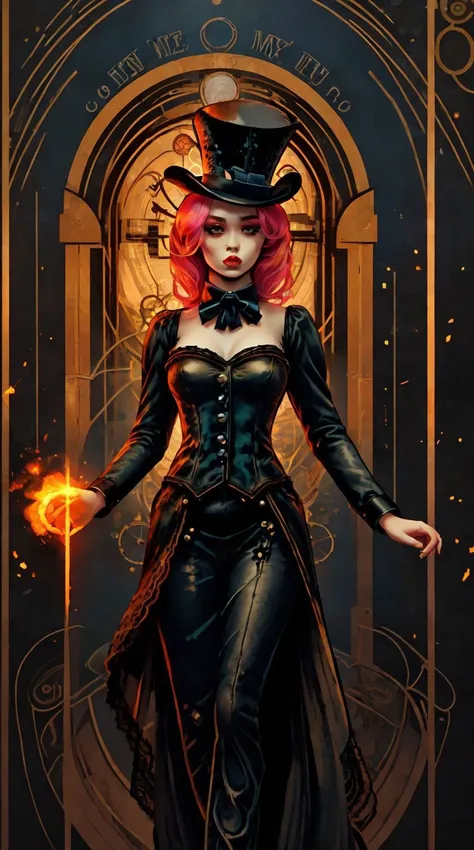 a girl with steampunk dress,top hat, lace_trim, glowing,<lora:Cards-V2:1>