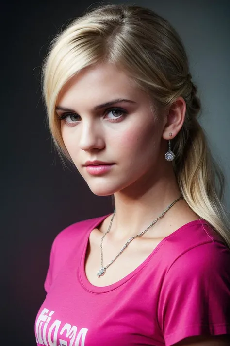photo of seductive (m4gr4ce-125:0.99), a beautiful woman as a sexy student, perfect blonde hair upsweep updo, (tight Neon Pink graphic tee), closeup portrait, ((plain Steel Gray background:1.2)), 24mm, (analog, cinematic, film grain:1.3), detailed eyes, jewelry, (seductive pose), (epicPhoto), (looking at viewer), (cinematic shot:1.3)