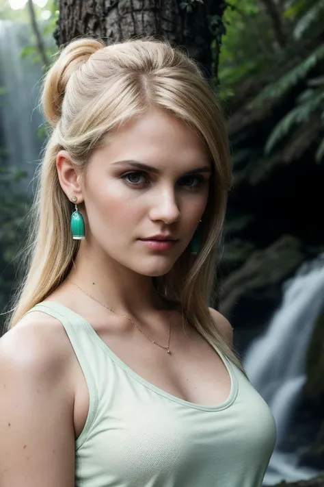 photo of (m4gr4ce-125:0.99), a beautiful woman, perfect blonde hair upsweep updo, earrings, jewelry, (modern photo), (wearing a Seafoam Green tank top:1.2), 24mm, (analog, cinematic, film grain:1.3), (trees and a waterfall in the background, jungle:1.2), detailed eyes, (seductive pose), (epicPhoto), (looking at viewer), (cinematic shot:1.3), PA7_Portrait-MCU