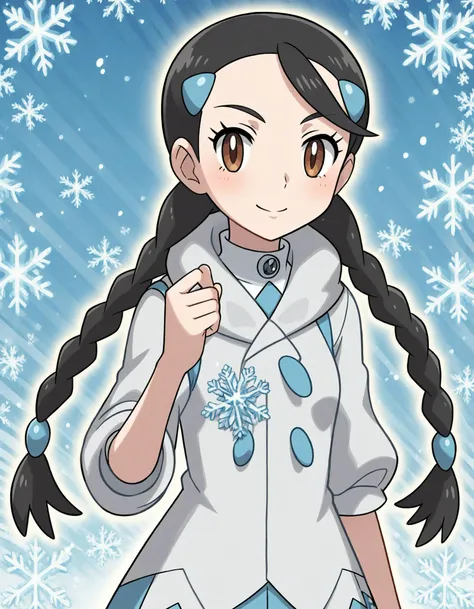 <lora:Hyper8:1> <lora:fixhands:1> source_anime, rating_safe BREAK 1girl,solo,
candice \(pokemon\), black hair, twin braids, short braid, hairclip, brown eyes, grimace , snowflake background,
<lora:Pony_XL_Naoki_Saito_Pokemon_Artist_Style:1>