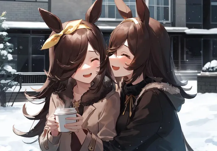 masterpiece, best quality, upper body,Facial Focus,(2girls),rice shower \(umamusume\),detailed face,closed eyes,laughing,open mouth,tears on face, Leaning together, arm to arm,modern building, casual, hairband, hair ribbon, brown ribbon, long sleeves,coat, winter coat, black coat,outdoors, winter, snow particles, night, blurry background, holding, holding cup, coffee, steaming, <lora:riceShowerUmamusume_loha:0.8>