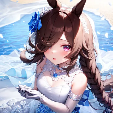 masterpiece, best quality,
rice shower \(umamusume\),
from above, looking at viewer,
official alternate costume, bride, braided ponytail, blue bow, hair flower, blue rose, hair ornament, bridal veil, jewelry, necklace, white gloves, wedding dress, white dress, sleeveless dress, 
<lora:rice_shower_loha:0.8>