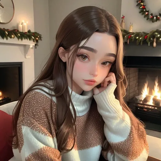 <lora:tarankaaa_sd15_512_128_64_v1:1>tarankaaa, 1girl brown hair, wearing christmas sweater, christmas decoration in background, lit fireplace in background