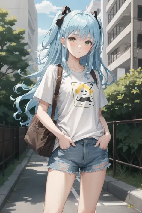 masterpiece, best quality, absurdres, perfect antomy, 1girl, solo, Tio Plato, long hair, graphic tee, denim shorts, standing, outdoors, city, hands in pockets