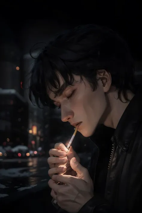 (masterpiece:1.3),(best quality:1.2),8k,absurdres,unity 8k wallpapper,(extremely detailed:1.3),highestres,realistic,
1boy,lighting_cigarette, solo, short hair,male focus, blurry, from side, profile, night, dark theme, mouth hold, cigarette, realistic, (lighter:1.3),<lora:lighting_cigarette-10:0.7> ,blurry background, realistic, closed eyes,looking down, , <lora:lowRA:0.5> ,(black background:1.2),wolf_cut,snow