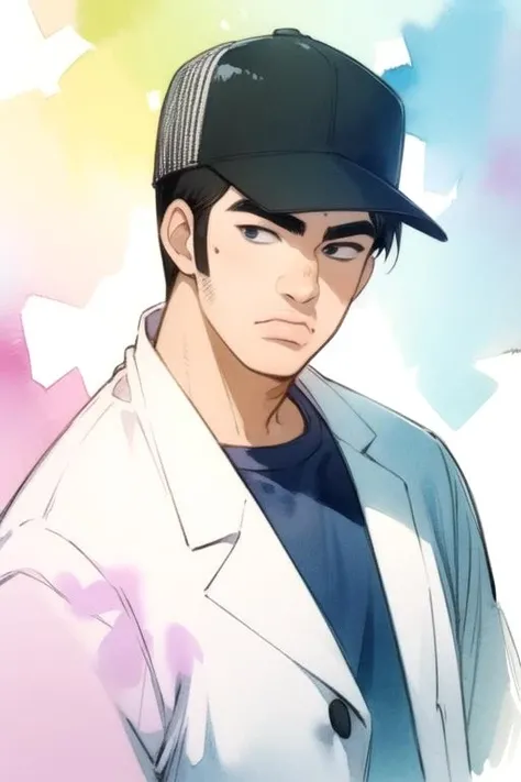 masterpiece, best quality, sketch, 1boy, solo, male focus, looking at viewer, upper body, , (watercolor illustration, soft pastel colors:1.1), , <lora:takeo_gouda:0.70>, takeo_gouda, black hair, black eyes, , trucker hat, laboratory, Blu-ray