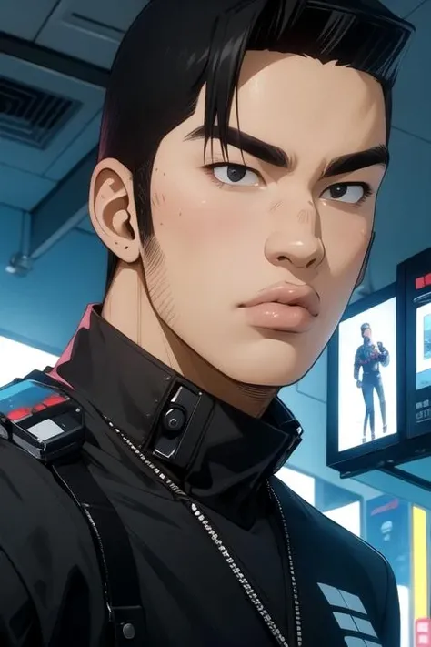 masterpiece, best quality, photorealistic, 1boy, solo, male focus, looking at viewer, upper body, , , , <lora:takeo_gouda:0.74>, takeo_gouda, black hair, black eyes, , science fiction cyberpunk,