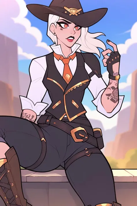 score_9, score_8_up, score_7_up, BREAK, <lora:tobinge-guy-PONYv1:1>, 1girl, solo, breasts, <lora:asheow-guy-PONYv1:0.95> asheow, makeup, lipstick, tattoo , hat, necktie, cowboy hat, white shirt, jewelry, earrings, black vest, fingerless gloves, black pants, belt, boots