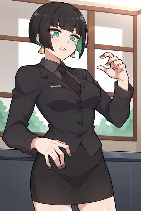 score_9, score_8_up, score_7_up, BREAK, <lora:tobinge-guy-PONYv1:1>, 1girl, solo, breasts, <lora:edgAllMindPonyv1:0.9> edgAllmind, blunt bangs, two tone hair, earrings, black suit, necktie, skirt, makeup,