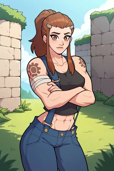 score_9, score_8_up, score_7_up, BREAK,  <lora:tobinge-guy-PONYv1:1>, 1girl, solo, breasts, brigitte \(overwatch\), overalls, tank top, muscular, arm ribbon, freckles, crossed arms, midriff peek, outdoors, castle, stone wall, moss, portrait,