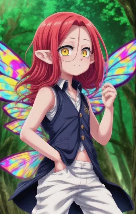 ((masterpiece:1.4, best quality)), (full shot:1.4),
1 boy, (adorabel boy),(cute face:1.2), details, cute, handsome boy, looking_to_the_side
more details in eyes, multiple details, eyeshadow, faint smile, forest, (open vest:1.2,  no shirt)
<lora:gloxinia_nanatsu_no_taizai:0.6>, gloxinia_nanatsu_no_taizai, red hair, pointy ears, long hair, yellow eyes, wings, fairy, white harem pants 
 <lora:more_details:0.5>,  <lora:眼睛双:0.6>