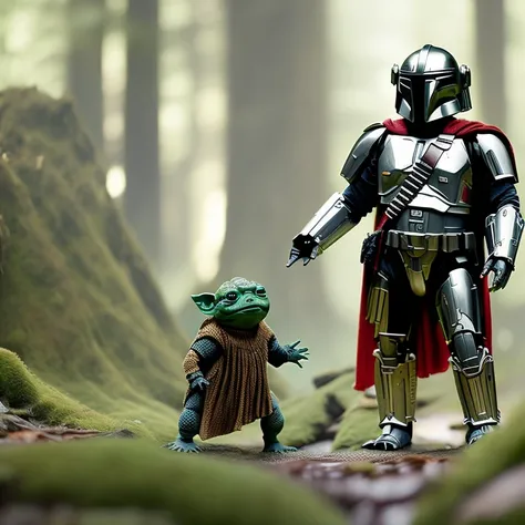 ttdddd, mandalorian and yoda, ultra high quality render, highly intricate, 8k, cinematic, volumetric lighting, micro details