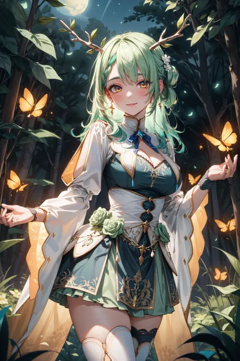 (masterpiece, best quality:1.4), (beautiful, perfect, delicate, detailed, intricate, aesthetic:1.2), ultra-detailed, absurdres, soft light, natural lighting, perfect face, eyeliner, 1girl, solo, 4K,
hmcf, long hair, antlers, branch, braided bangs, hair flower, yellow eyes, large breasts, jewelry, dress, cleavage, wide sleeves, green flower, single thighhigh, white thighhighs,
<lora:add_detail:0.5>, <lora:ceres_fauna_v2:0.7>, <lora:test003_2:0.0>,
forest, light smile, looking at viewer, night, (firefly:1.2),