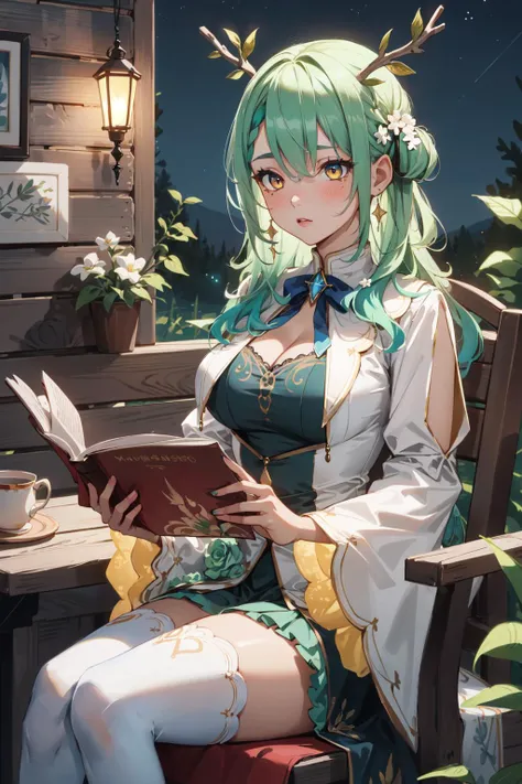 (masterpiece, best quality:1.4), (beautiful, perfect, delicate, detailed, intricate, aesthetic:1.2), ultra-detailed, absurdres, soft light, natural lighting, perfect face, eyeliner, 1girl, solo, 4K,
hmcf, long hair, antlers, branch, braided bangs, hair flower, yellow eyes, large breasts, jewelry, dress, cleavage, wide sleeves, green flower, single thighhigh, white thighhighs,
<lora:add_detail:0.0>, <lora:ceres_fauna_v2:0.7>, <lora:test003_2:0.0>,
forest, (night:1.1), sitting, reading, log cabin, indoors, (firefly:1.1), sitting on chair, serious,