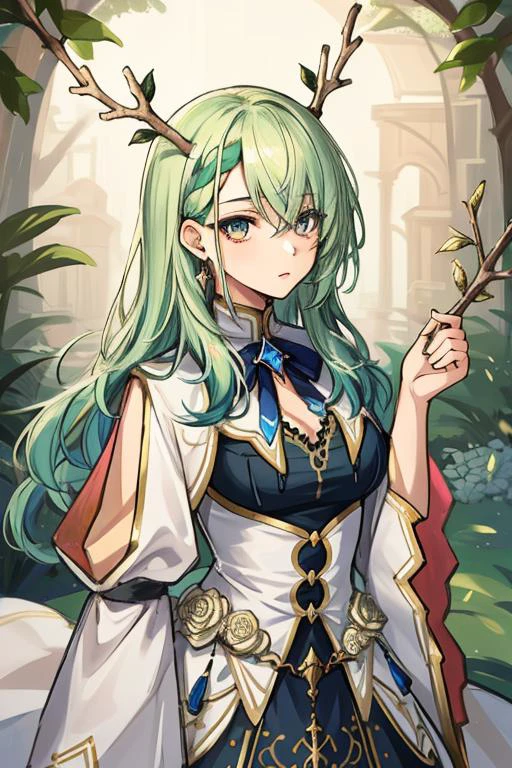 best quality, intricate details,
1girl, long hair, green hair, messy hair, gold eyes, sharp eyes, twigs,
white and black dress, gold trim,
<lora:ceresFaunaHololive_v1:0.8> 1girl, ceres_fauna,