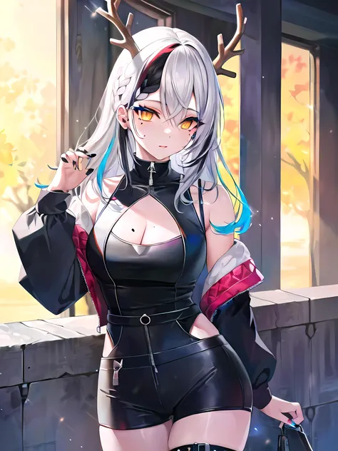 modelshoot style, (masterpiece:1.3), (absurdres:1.3), (best quality:1.3), (8K), (large masterpiece digital art), (detailed manga illustration), (handled hair), perfect anatomy, (sharp eyeliner, eyeshadow, detailed eyes:1.1), (intricate details:1.3), (ultra-detailed:1.3), (illustration:1.3), (sharp focus:1.3), (natural lighting:1.05), (vivid colors:1.3), BREAK <lora:ceresFaunaHololive_v1:0.3>, ceres fauna, (grey hair, white hair, multicolored hair), (black hair, streaked hair), long hair, gradient hair, gradient eyes, braid, braided bangs, single braid, antlers, yellow eyes, glowing eyes, black nail polish, mole, black nails, hair flower, mole under eye, toenails, hair ornament, large breasts, cleavage, grey flower, <lora:urbanGal_v10:0.7>, urban_gal, tank top, leather jacket,