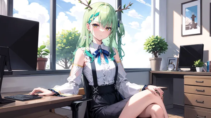 high quality, masterpiece, highres,,
indoor, office chair,
BREAK
BREAK
hmcf, long hair, antlers, branch, braided bangs, hair flower, yellow eyes, jewelry,
<lora:ceres_fauna_v2:0.8>
shirt, collared shirt, detached sleeves,
skirt, black skirt, tight skirt,
cowboy shot,
looking at viewer, serious,
sitting, crossed legs,
BREAK