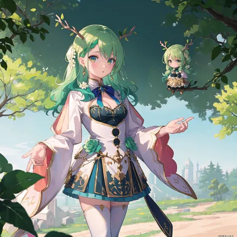 masterpiece, best quality, ultra-detailed, illustration, epic lighting, cinematic composition, isometric, <lora:ceres_fauna_v30:0.8> 1girl, cute, chibi, ceres_fauna, medium breasts, green hair, braid, braided bangs, yellow eyes, cleavage, single braid, antlers, jewelry, hair flower, long hair, hair ornament, green flower, earrings, (white thighhighs:1.1), gold trim, bow, wide sleeves, leaf, green dress, horns, enchanting gaze, captivating pose, (looking at viewer:1.1), blush, Tindal effect, (Balance and coordination between all things), outdoors, nature, small animals, peaceful, serenity, (8k:1.1), <lora:korukoruno:0.5>