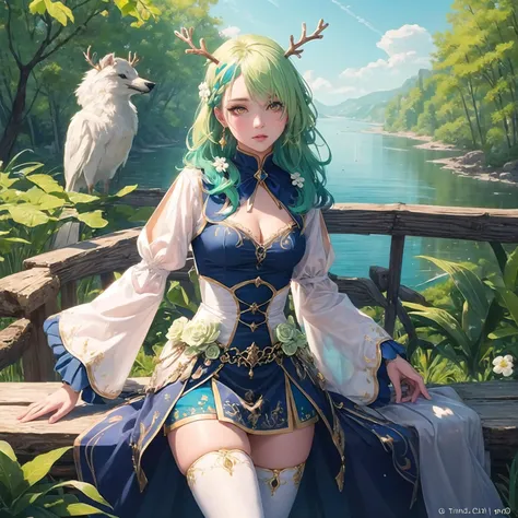 masterpiece, best quality, ultra-detailed, illustration, epic lighting, cinematic composition, isometric, <lora:ceres_fauna_v30:0.6> 1girl, ceres_fauna, medium breasts, green hair, braid, braided bangs, yellow eyes, cleavage, single braid, antlers, jewelry, anklet, hair flower, multicolored hair, long hair, hair ornament, green flower, streaked hair, earrings, (white thighhighs:1.1), gold trim, bow, wide sleeves, leaf, blue dress, horns, enchanting gaze, captivating pose, cowboy shot, (looking at viewer:1.1), blush, Tindal effect, (Balance and coordination between all things), outdoors, nature, small animals, peacefull, serenity, simple background, (8k:1.1)