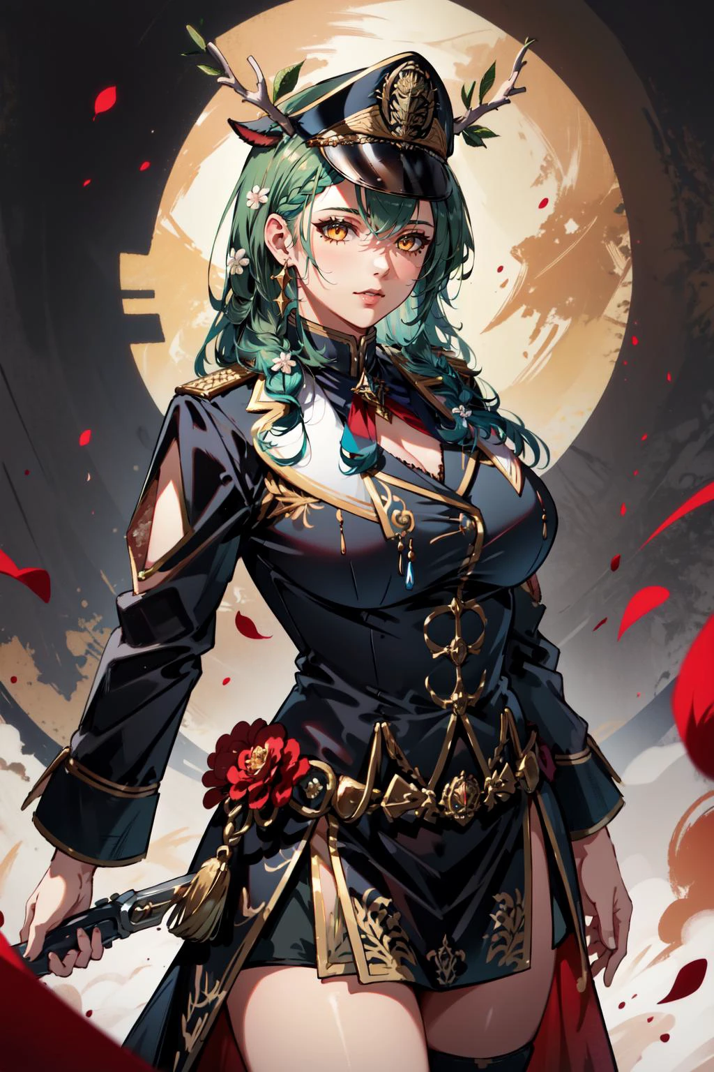 (masterpiece, best quality), intricate details,
<lyco:GoodHands-beta2:0.8>
1girl, <lora:ceres_fauna_v2:0.8>hmcf, long hair, antlers, branch, braided bangs, hair flower, cow ears, yellow eyes, large breasts,
<lora:warhammer 40k commissar:0.8> warhammer 40k commissar, military uniform, offciers hat,