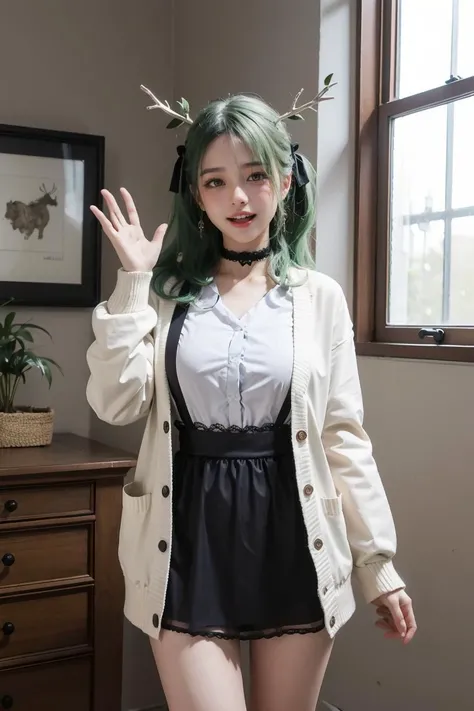 hmcf, long hair, antlers, branch, two side up, hair ribbon, braid, yellow eyes, large breasts, jewelry, black choker, frills, white shirt, long sleeves, white cardigan, open cardigan, suspender skirt, black skirt, white socks,(green hair),
cowboy shot, standing, smile, open mouth, waving ,
lifelike, desire,
Soothing Ambiance, Muted Hues, Gentle Warmth,,
beautiful and aesthetic, masterpiece, best quality,
<lora:ceres_fauna_v2:0.95:CLOTHING>