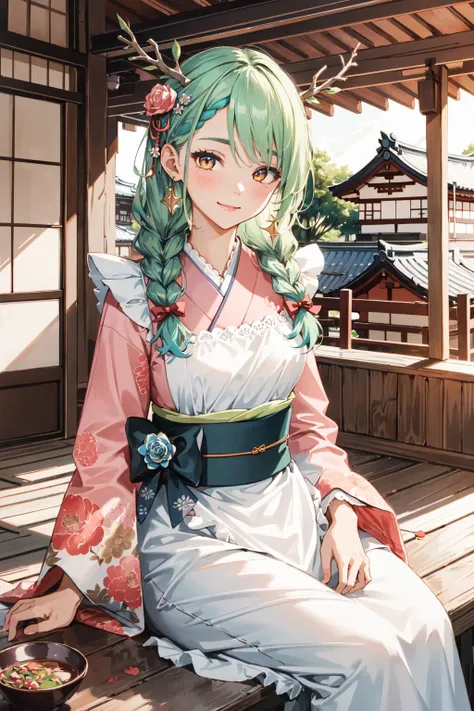 (masterpiece, best quality:1.4), (beautiful, perfect, delicate, detailed, intricate, aesthetic:1.2), ultra-detailed, absurdres, soft light, natural lighting, perfect face, detailed face, eyeliner, 1girl, solo, 4K,
hmcf, long hair, antlers, branch, low twin braids, hair flower, yellow eyes, floral print, japanese clothes, pink kimono, wide sleeves, frilled apron, white apron, bow, sash, obi, pink flower
<lora:ceres_fauna_v2:0.7>, <lora:add_detail:0.0>,  <lora:test003_2:-0.3>, 
japanese building, indoors, sitting, light smile,