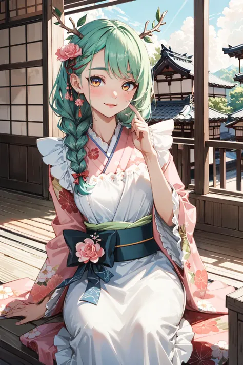 (masterpiece, best quality:1.4), (beautiful, perfect, delicate, detailed, intricate, aesthetic:1.2), ultra-detailed, absurdres, soft light, natural lighting, perfect face, detailed face, eyeliner, 1girl, solo, 4K,
hmcf, long hair, antlers, branch, low twin braids, hair flower, yellow eyes, floral print, japanese clothes, pink kimono, wide sleeves, frilled apron, white apron, bow, sash, obi, pink flower
<lora:ceres_fauna_v2:0.7>, <lora:add_detail:0.0>, <lora:test003_2:-0.3>,
japanese building, indoors, sitting, smiley face,