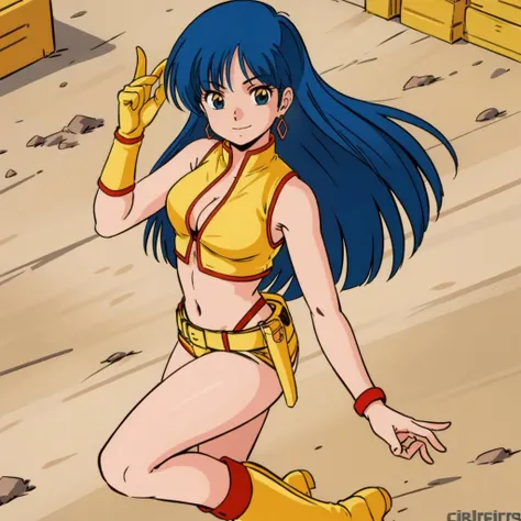 masterpiece,high quality,ultra high definition,solo,outdoors,
<lora:dirtypair003:0.7>,looking at viewer,smile,
yuri,1girl,
long hair,blue hair,earrings,blue eyes,
yellow crop top,cleavage cutout,sleeveless,midriff,
arm strap,
yellow single glove,wristband,
yellow micro shorts,clothing cutout,belt,holster,
yellow knee high heel boots,