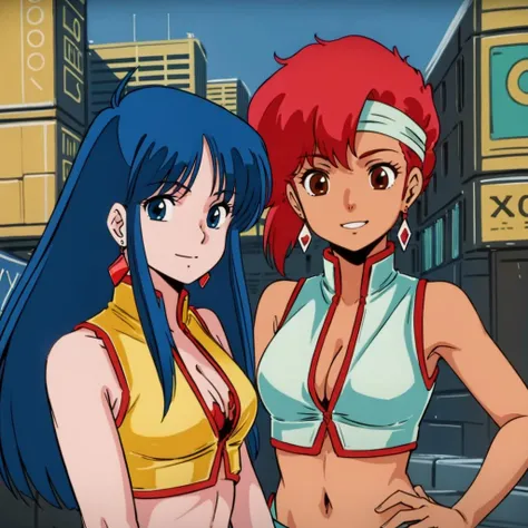 <lora:dirtypair003:0.7>,
masterpiece,high quality,solo,outdoors,
yuri,2girls,looking at viewer,smile,
long hair,blue hair,earrings,blue eyes,
yellow crop top,cleavage cutout,sleeveless,midriff,
ADDCOL,
masterpiece,high quality,solo,outdoors,2,
kei,2girls,looking at viewer,smile,
hairband,short hair,red hair,earrings,brown eyes,dark skin,
aqua crop top,sleeveless,cleavage,midriff,