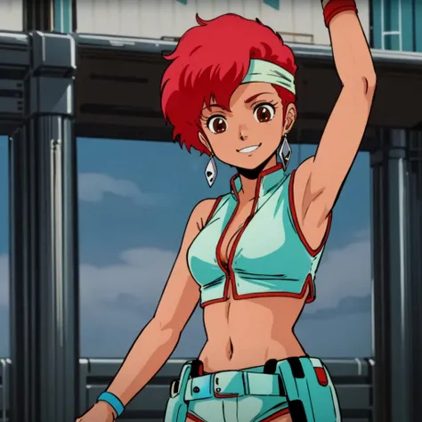 masterpiece,high quality,ultra high definition,solo,outdoors,
<lora:dirtypair003:0.7>,looking at viewer,smile,
kei,1girl,
hairband,short hair,red hair,earrings,brown eyes,dark skin,
aqua crop top,sleeveless,cleavage,midriff,
arm strap,
aqua single glove,wristband,
aqua micro shorts,belt,holster,