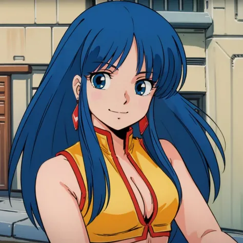 masterpiece,high quality,ultra high definition,solo,outdoors,
<lora:dirtypair003:0.7>,looking at viewer,smile,
yuri,1girl,
long hair,blue hair,earrings,blue eyes,
yellow crop top,cleavage cutout,sleeveless,midriff,