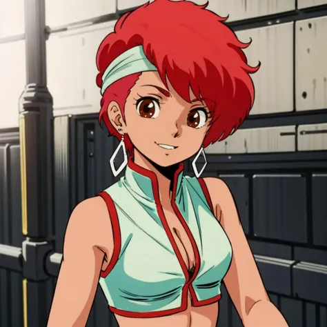 masterpiece,high quality,ultra high definition,solo,outdoors,
<lora:dirtypair003:0.7>,looking at viewer,smile,
kei,1girl,
hairband,short hair,red hair,earrings,brown eyes,dark skin,
aqua crop top,sleeveless,cleavage,midriff,