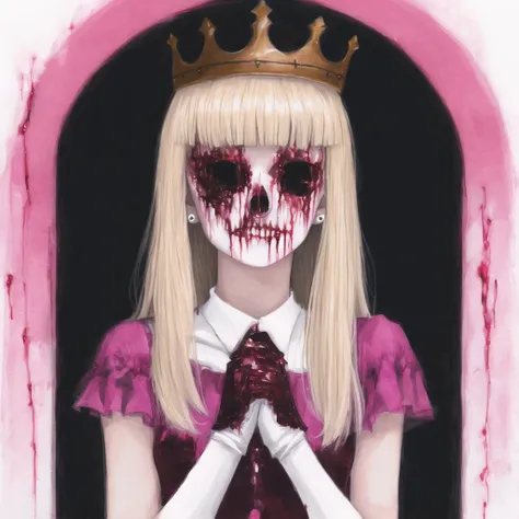 <lora:dustyraypaints:1.0>, dustyraypaints, painting, drawing, creepy, scary, bloody, cut, 1girl, :o, bangs, blonde hair, blue eyes, blush, crown, dress, earrings, elbow gloves, eyebrows visible through hair, gloves, hair between eyes, highres, jewelry, long hair, looking at viewer, own hands together, pink dress, ring, short sleeves, signature, solo, tears, upper body, white background, white gloves