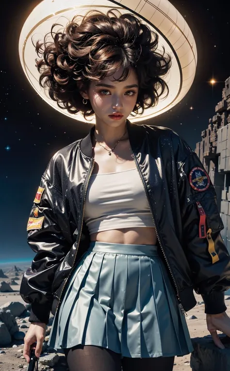 1girl, (pleated skirt, retro bomber jacket 80s, pantyhose), solo, outer space, official art, unity 8k wallpaper, ultra detailed, beautiful and aesthetic, masterpiece,best quality, glowing skin, (floating colorful sparkles:1) the most beautiful form of chaos, elegant, a brutalist designed, vivid colours, romanticism, d3x3d
