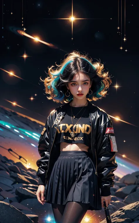 1girl, (pleated skirt, retro bomber jacket 80s, pantyhose), solo, outer space, official art, unity 8k wallpaper, ultra detailed, beautiful and aesthetic, masterpiece,best quality, glowing skin, (floating colorful sparkles:1) the most beautiful form of chaos, elegant, a brutalist designed, vivid colours, romanticism, d3x3d