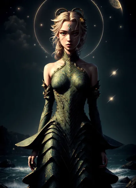 (exceptional, best aesthetic, new, newest, best quality, masterpiece, highly detailed:1.2), lizard, girl, yellow eyes, dress, 1girl , sea,  d3x3d, stary night background, full moon <lora:d3x3d-L:1>   <lora:more_details:0.9>