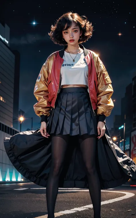 1girl, (pleated skirt, retro bomber jacket 80s, pantyhose), solo, outer space, official art, unity 8k wallpaper, ultra detailed, beautiful and aesthetic, masterpiece,best quality, glowing skin, (floating colorful sparkles:1) the most beautiful form of chaos, elegant, a brutalist designed, vivid colours, romanticism, d3x3d